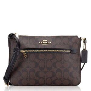Coach Gallery File Bag in Signature Canvas in Black and Dark Brown (91013)